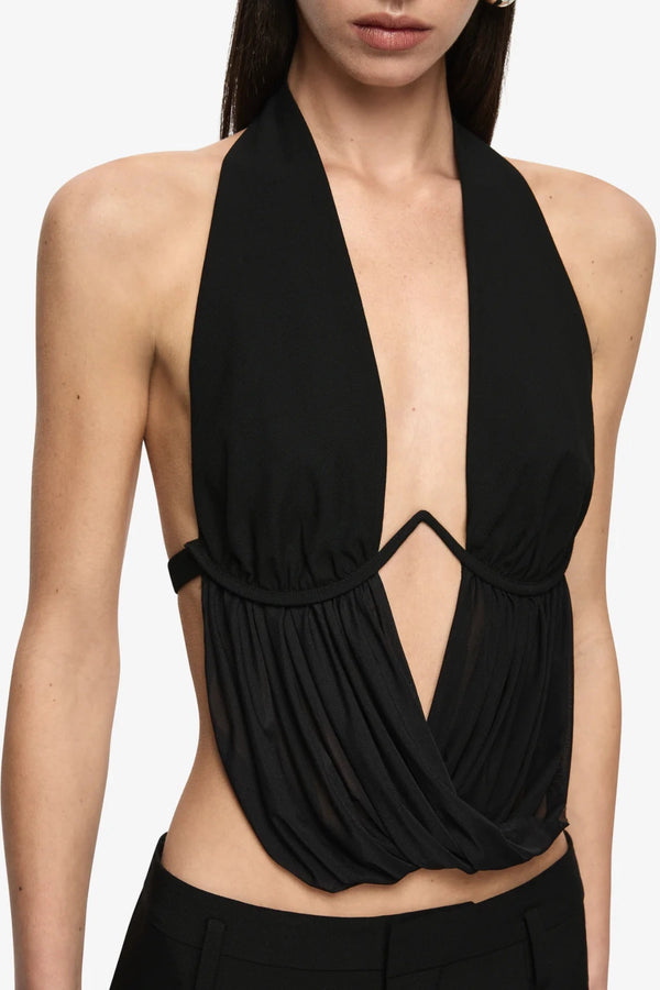 Henley Drape Top Black by Bec + Bridge – backless structured top with under bust wire and mesh draped detail.