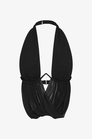 Henley Drape Top Black by Bec + Bridge – backless structured top with under bust wire and mesh draped detail.