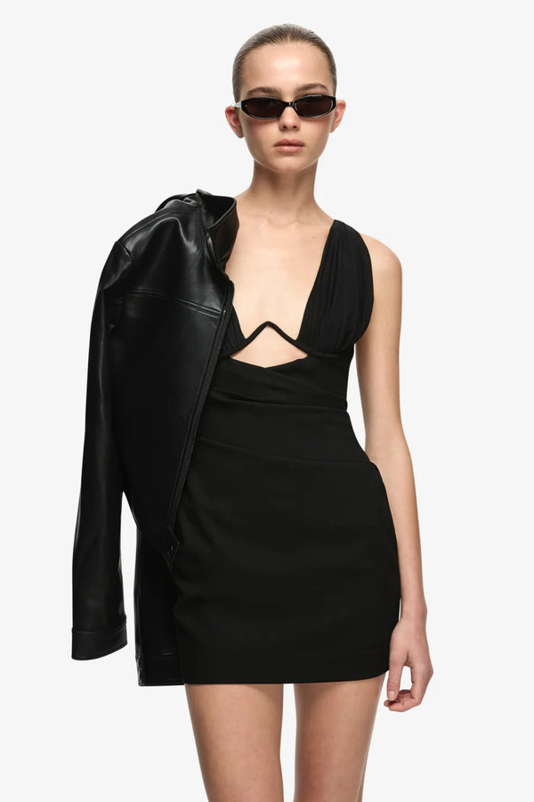 Henley Mini Dress Black by Bec + Bridge – fitted mini dress with front cutout, gathered bust and under bust wire.