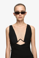 Henley Mini Dress Black by Bec + Bridge – fitted mini dress with front cutout, gathered bust and under bust wire.