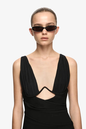 Henley Mini Dress Black by Bec + Bridge – fitted mini dress with front cutout, gathered bust and under bust wire.