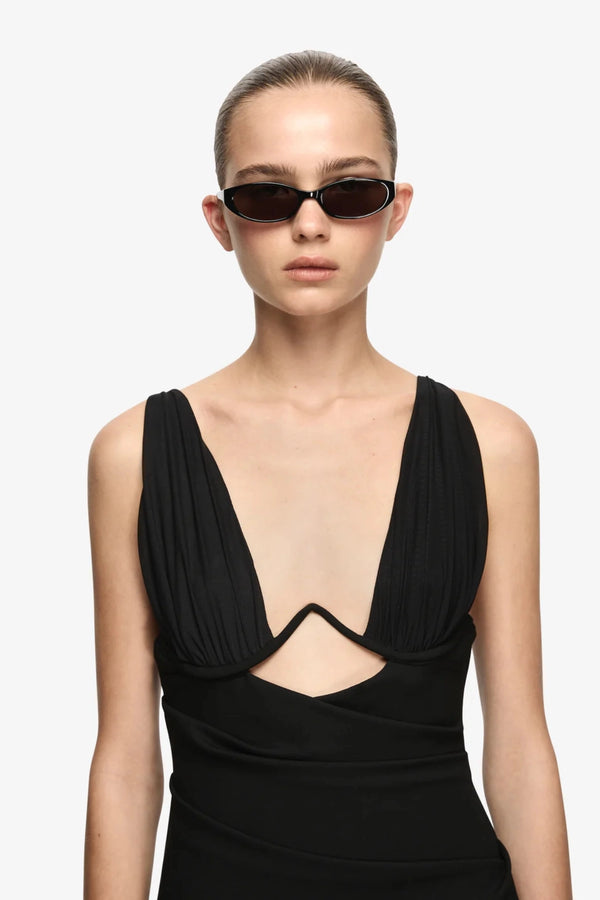 Henley Mini Dress Black by Bec + Bridge – fitted mini dress with front cutout, gathered bust and under bust wire.