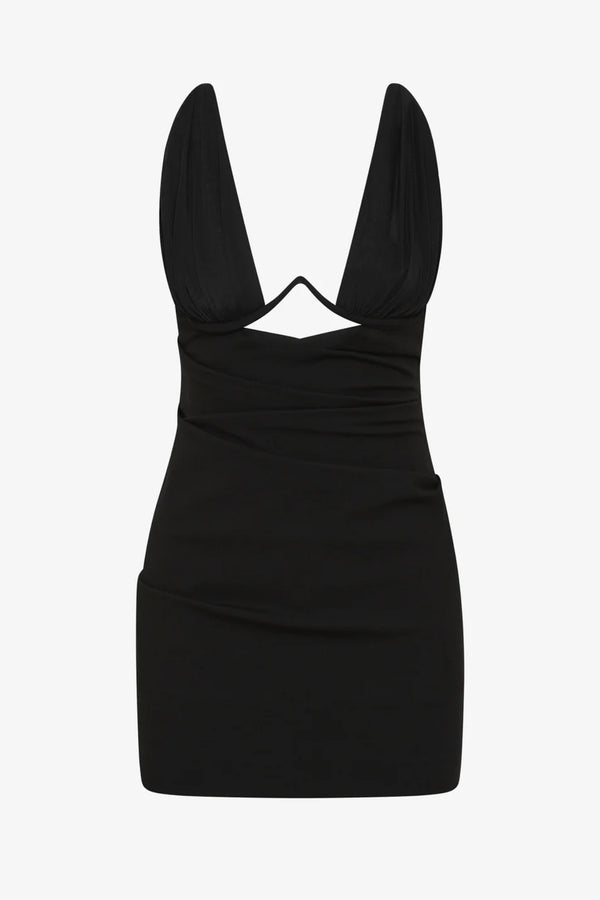 Henley Mini Dress Black by Bec + Bridge – fitted mini dress with front cutout, gathered bust and under bust wire.
