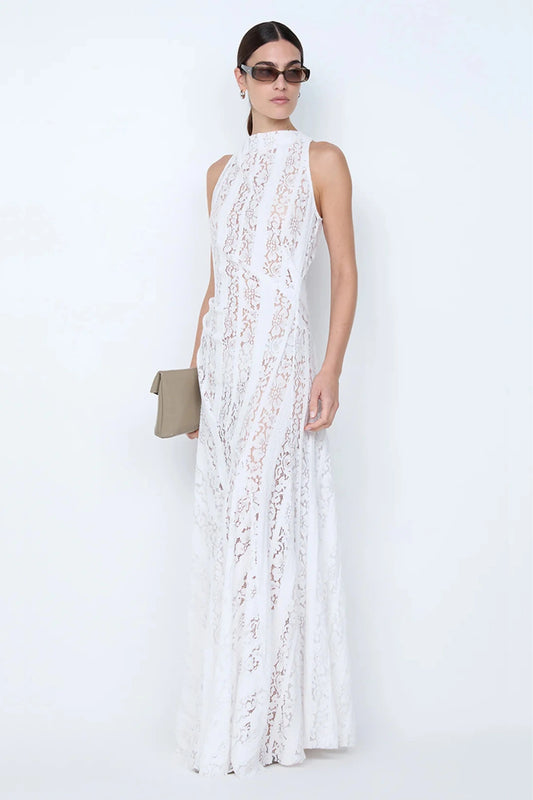 Henrietta High Neck Maxi Dress by Bec + Bridge, white lace halter gown with full skirt. Perfect for bridal, formal, or elegant events.