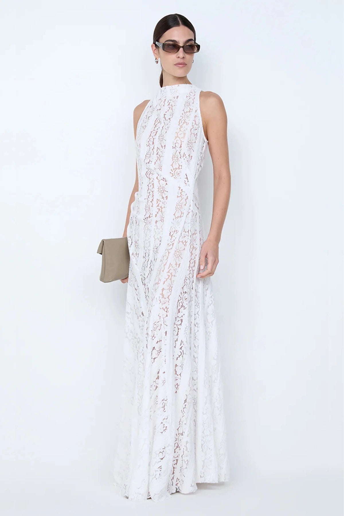 Henrietta High Neck Maxi Dress by Bec + Bridge, white lace halter gown with full skirt. Perfect for bridal, formal, or elegant events.