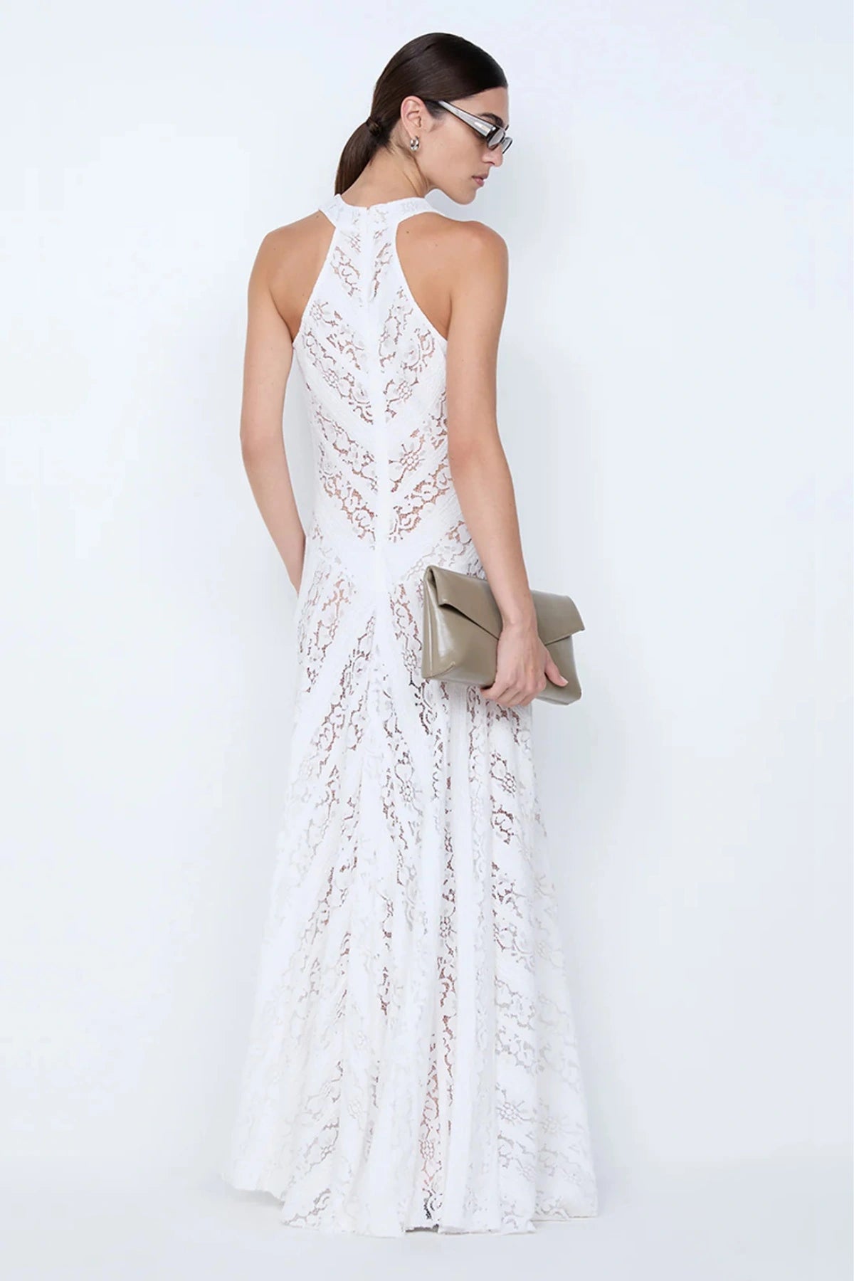 Henrietta High Neck Maxi Dress by Bec + Bridge, white lace halter gown with full skirt. Perfect for bridal, formal, or elegant events.