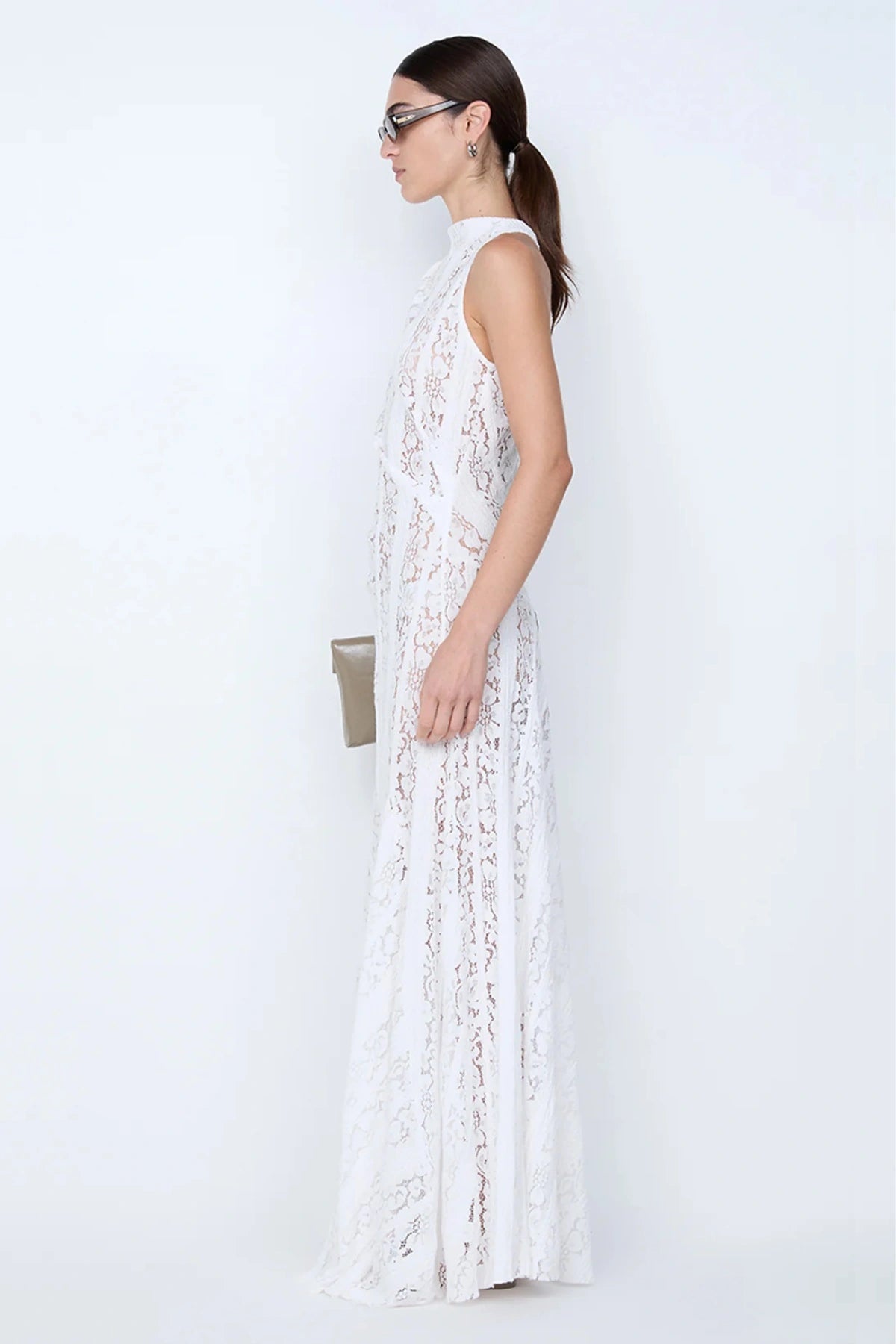 Henrietta High Neck Maxi Dress by Bec + Bridge, white lace halter gown with full skirt. Perfect for bridal, formal, or elegant events.