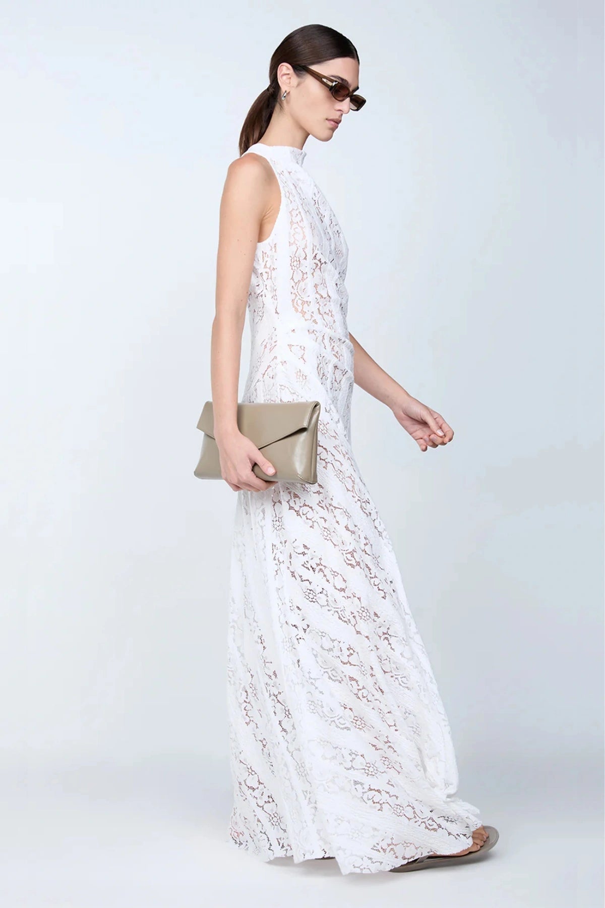 Henrietta High Neck Maxi Dress by Bec + Bridge, white lace halter gown with full skirt. Perfect for bridal, formal, or elegant events.