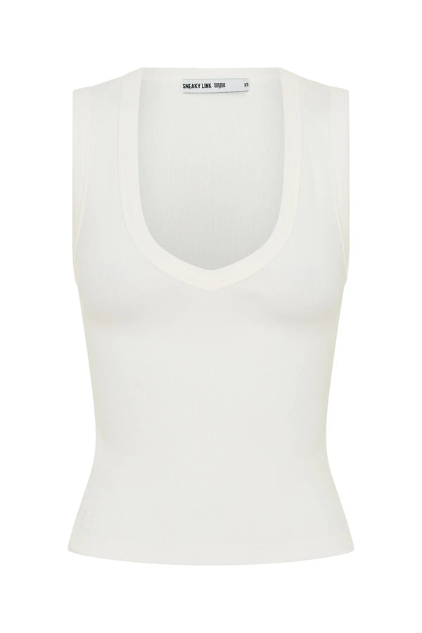 Jaz Hand V Neck Cotton Tank White by Sneaky Link – a slim cotton tank with V neckline. Perfect for effortless everyday styling.