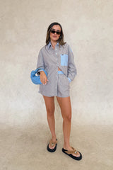 Nessa Stripe Shirt Choc Blue by Sneaky Link – a relaxed cotton shirt with collar and pocket. Perfect for beach or everyday styling.
