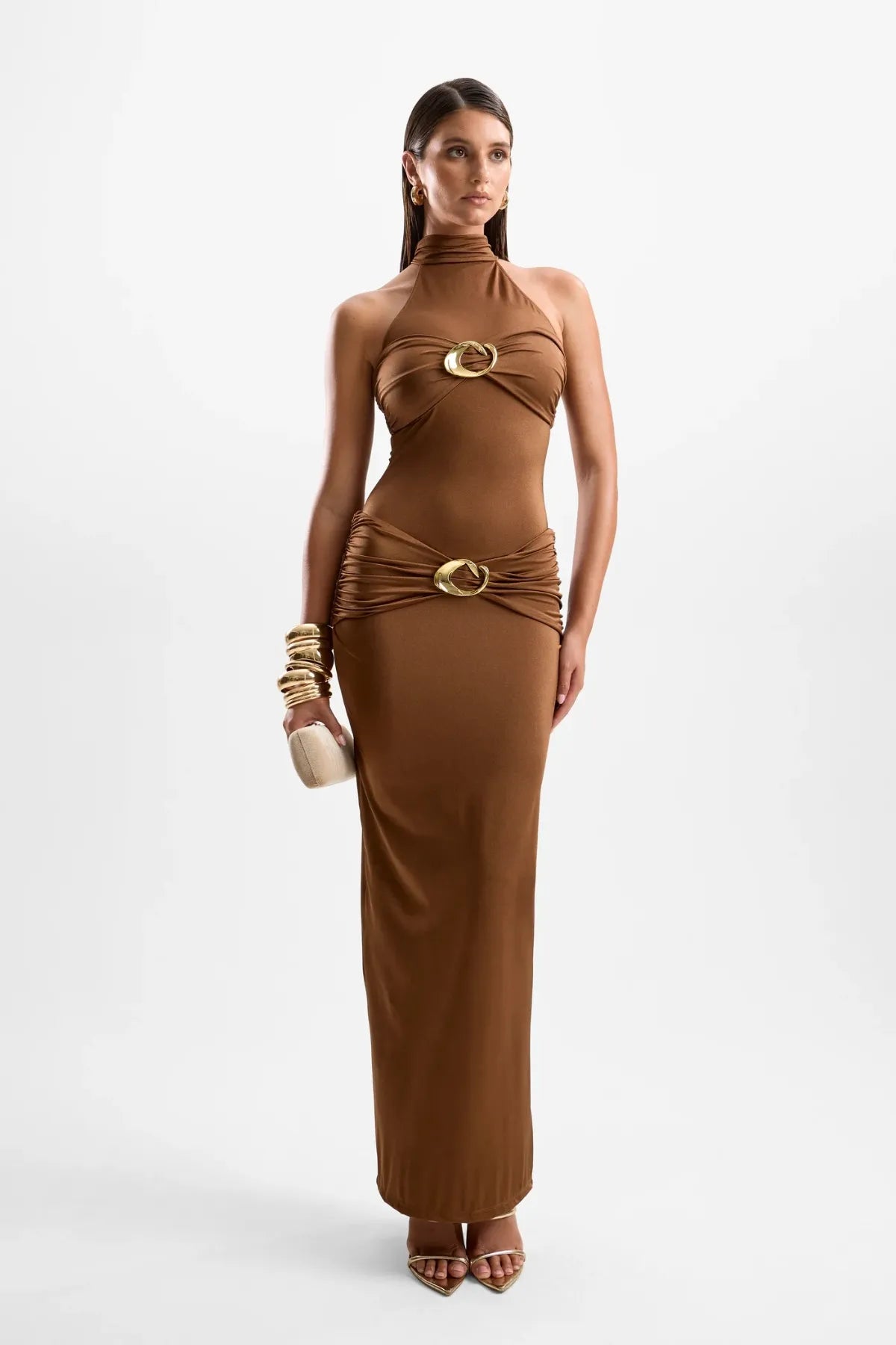 Hevea Halo Maxi Dress Pearl by Cin Cin – elegant column silhouette with ruched hip and bust panels, perfect for modern evening glamour.
