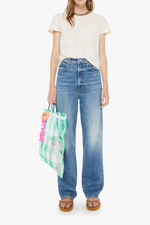 High Waisted Tunnel Vision Sneak Girls Just Want To Have Sun by MOTHER - wide leg jeans in mid blue wash, designed for a high rise fit.