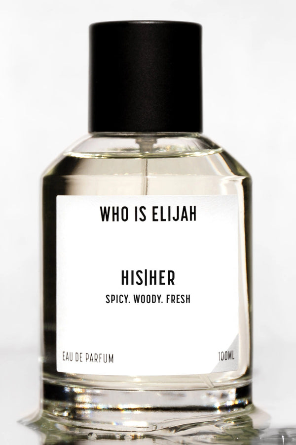 His|Her by Who Is Elijah, a unisex scent blending bergamot, violet leaf, fir needle, sandalwood, musk, amber, and oudh.