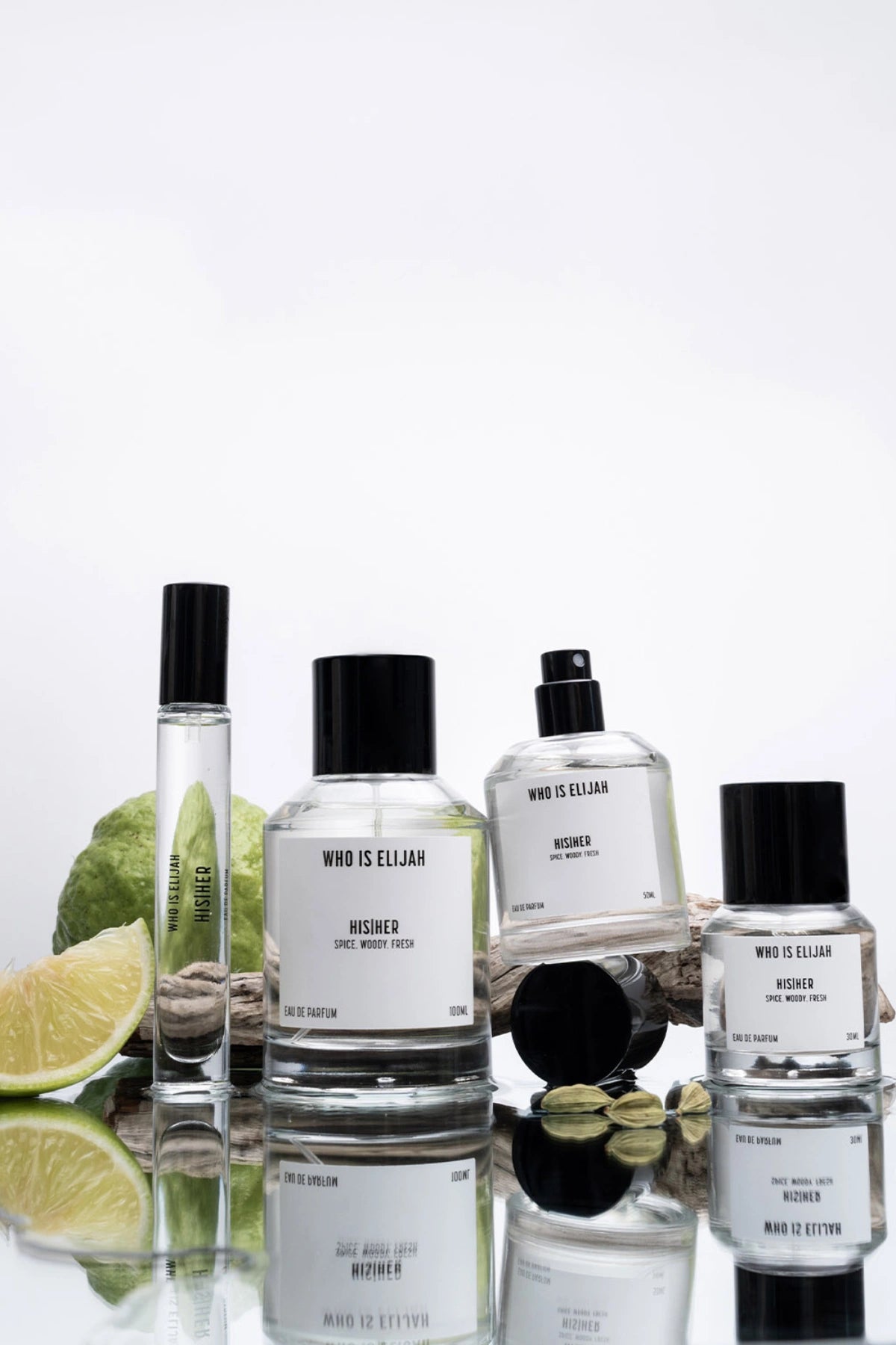 His|Her by Who Is Elijah, a unisex scent blending bergamot, violet leaf, fir needle, sandalwood, musk, amber, and oudh.