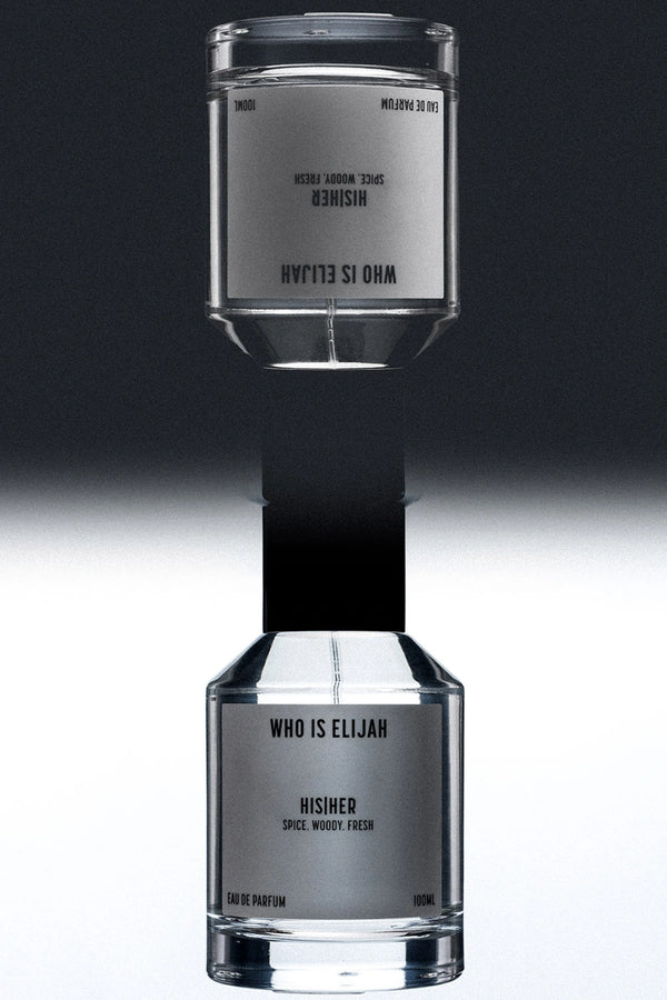 His|Her by Who Is Elijah, a unisex scent blending bergamot, violet leaf, fir needle, sandalwood, musk, amber, and oudh.