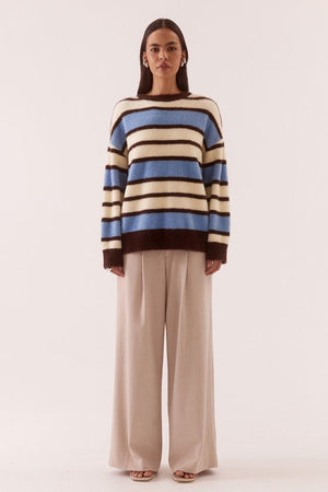 Holland Stripe Crew Knit Blue Yellow by Sovere, striped knit sweater with relaxed fit. Perfect for cozy layering or everyday styling.