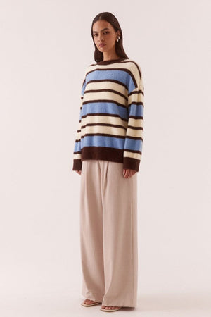 Holland Stripe Crew Knit Blue Yellow by Sovere, striped knit sweater with relaxed fit. Perfect for cozy layering or everyday styling.