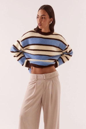 Holland Stripe Crew Knit Blue Yellow by Sovere, striped knit sweater with relaxed fit. Perfect for cozy layering or everyday styling.