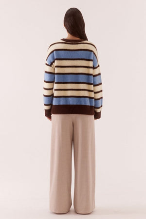 Holland Stripe Crew Knit Blue Yellow by Sovere, striped knit sweater with relaxed fit. Perfect for cozy layering or everyday styling.