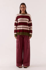 Holland Stripe Crew Knit Pink Plum by Sovere, oversized fluffy striped sweater perfect for cosy winter layering.