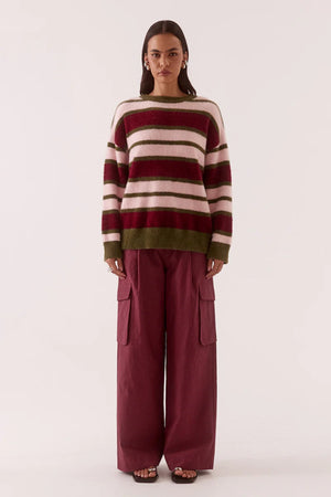 Holland Stripe Crew Knit Pink Plum by Sovere, oversized fluffy striped sweater perfect for cosy winter layering.