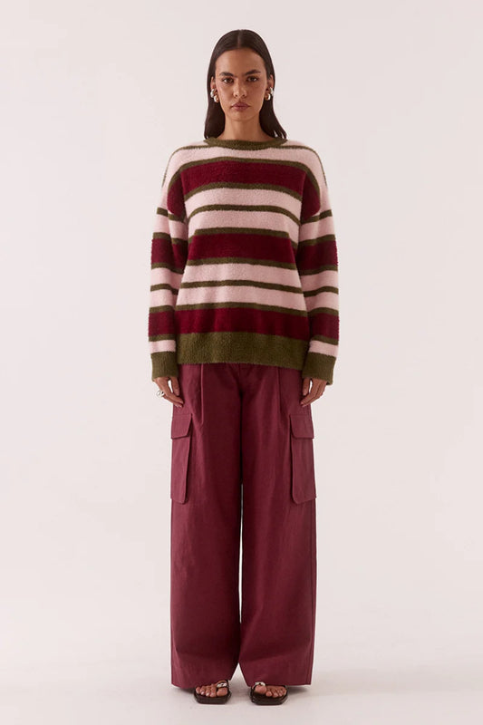 Holland Stripe Crew Knit Pink Plum by Sovere, oversized fluffy striped sweater perfect for cosy winter layering.