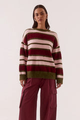 Holland Stripe Crew Knit Pink Plum by Sovere, oversized fluffy striped sweater perfect for cosy winter layering.