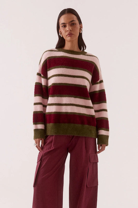 Holland Stripe Crew Knit Pink Plum by Sovere, oversized fluffy striped sweater perfect for cosy winter layering.