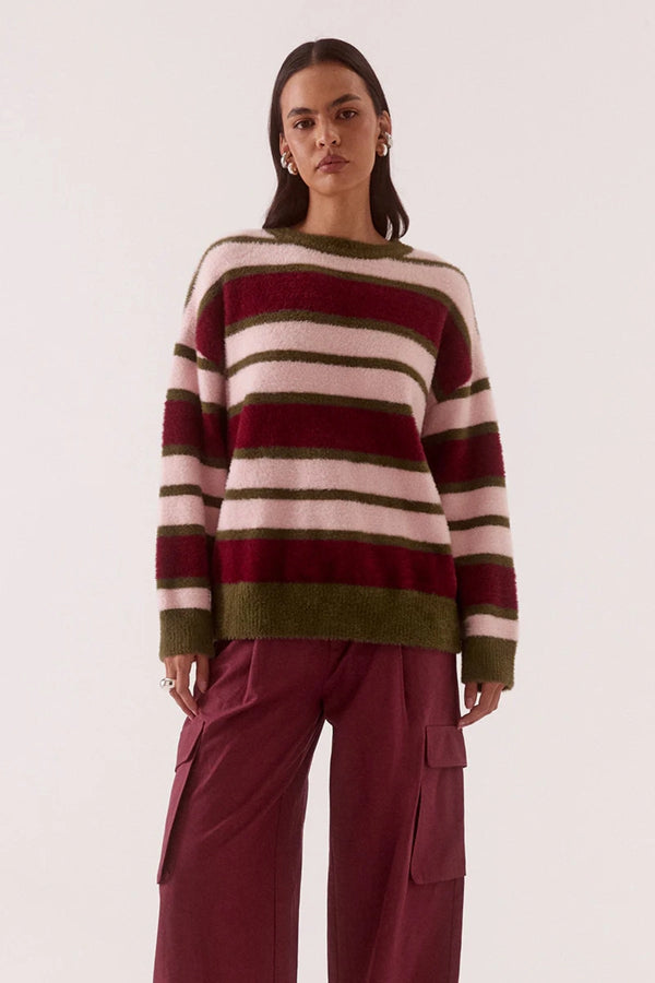 Holland Stripe Crew Knit Pink Plum by Sovere, oversized fluffy striped sweater perfect for cosy winter layering.