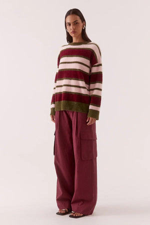 Holland Stripe Crew Knit Pink Plum by Sovere, oversized fluffy striped sweater perfect for cosy winter layering.