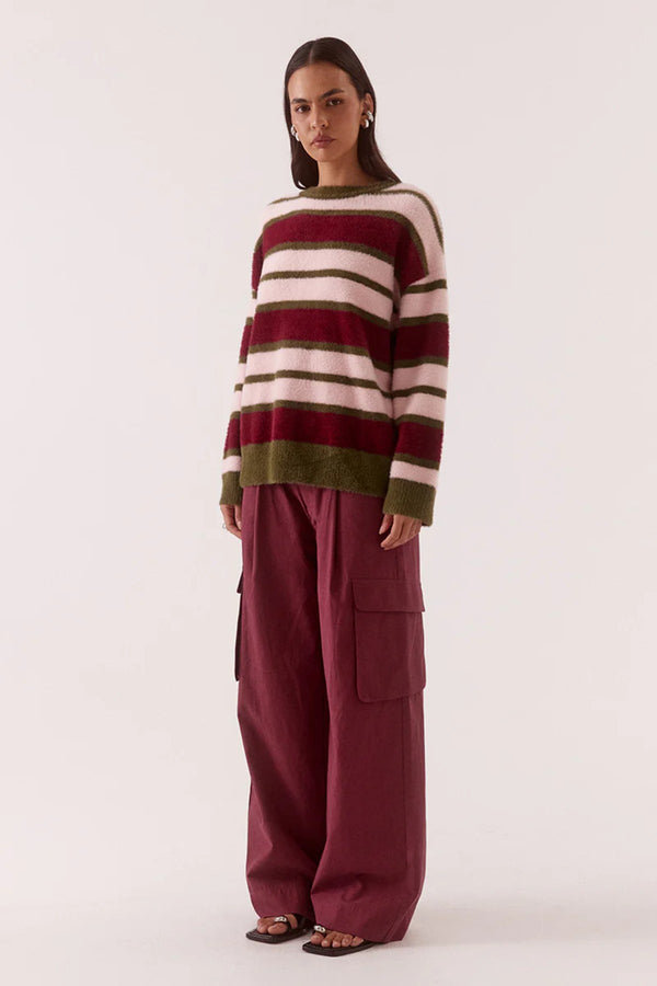Holland Stripe Crew Knit Pink Plum by Sovere, oversized fluffy striped sweater perfect for cosy winter layering.