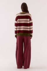 Holland Stripe Crew Knit Pink Plum by Sovere, oversized fluffy striped sweater perfect for cosy winter layering.