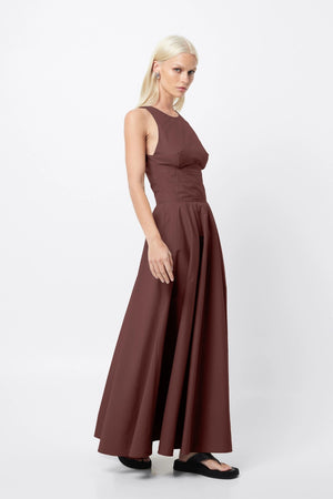 Homage Maxi Dress Chocolate by Mossman – a sleeveless cotton maxi with fitted bodice and flared skirt. Perfect for everyday styling.
