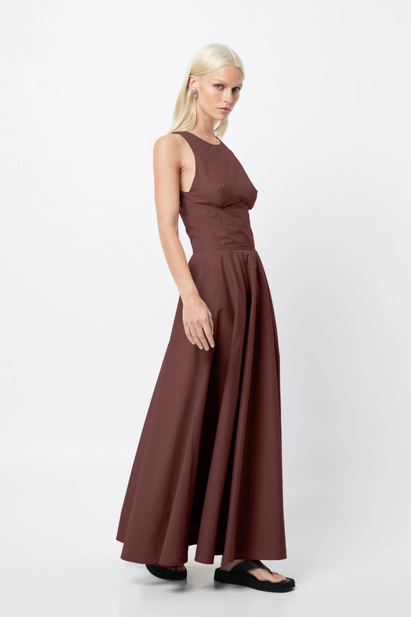 Homage Maxi Dress Chocolate by Mossman – a sleeveless cotton maxi with fitted bodice and flared skirt. Perfect for everyday styling.