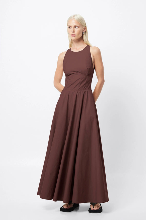 Homage Maxi Dress Chocolate by Mossman – a sleeveless cotton maxi with fitted bodice and flared skirt. Perfect for everyday styling.