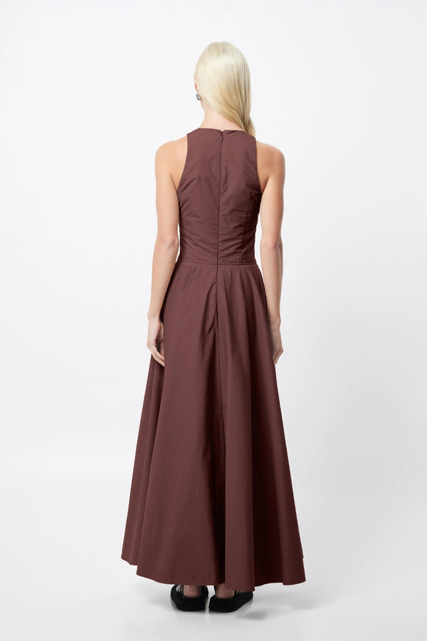Homage Maxi Dress Chocolate by Mossman – a sleeveless cotton maxi with fitted bodice and flared skirt. Perfect for everyday styling.