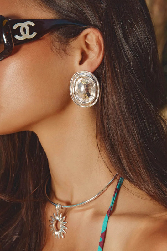 Hot In Here Silver by Emma Pills - silver statement earrings with hammered texture and hollow design, designed for a bold lightweight look.