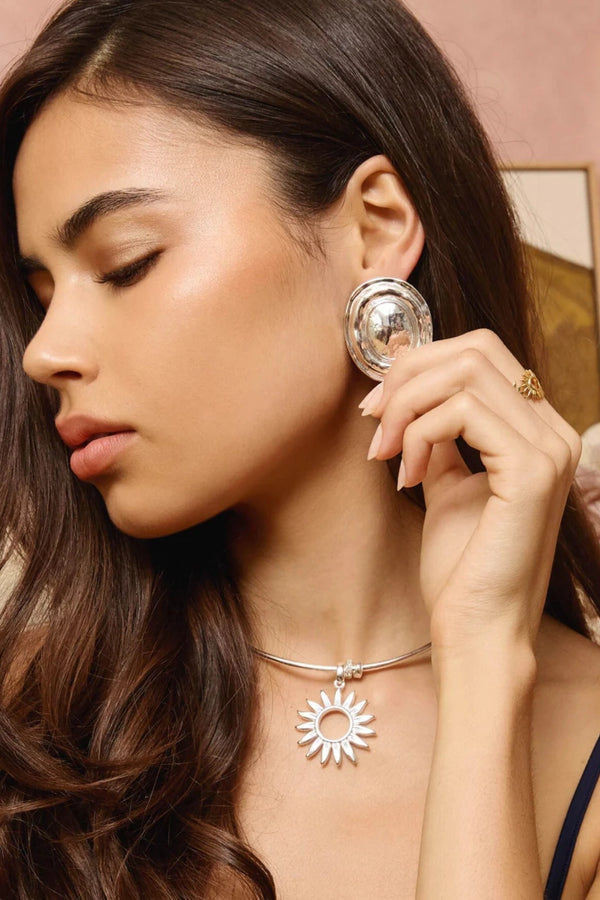 Hot In Here Silver by Emma Pills - silver statement earrings with hammered texture and hollow design, designed for a bold lightweight look.