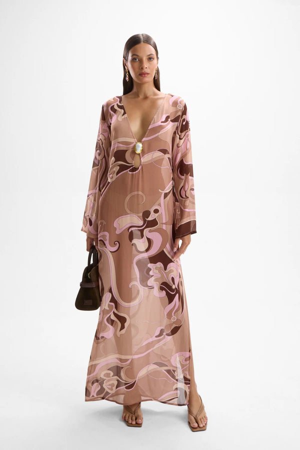 Hotline Moonstone Dress Deco Mocha by Cin Cin - semi sheer dress with keyhole bust and jewel detail, designed for elevated summer styling.