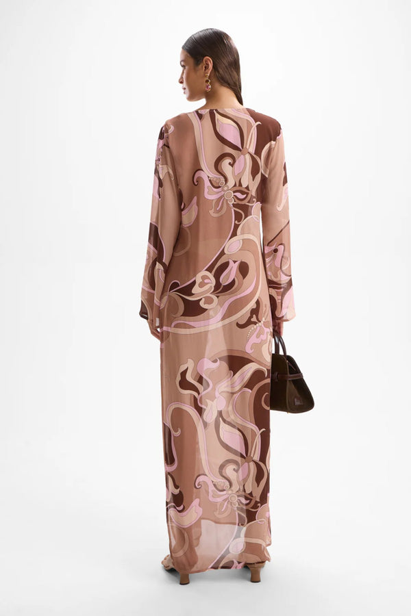 Hotline Moonstone Dress Deco Mocha by Cin Cin - semi sheer dress with keyhole bust and jewel detail, designed for elevated summer styling.