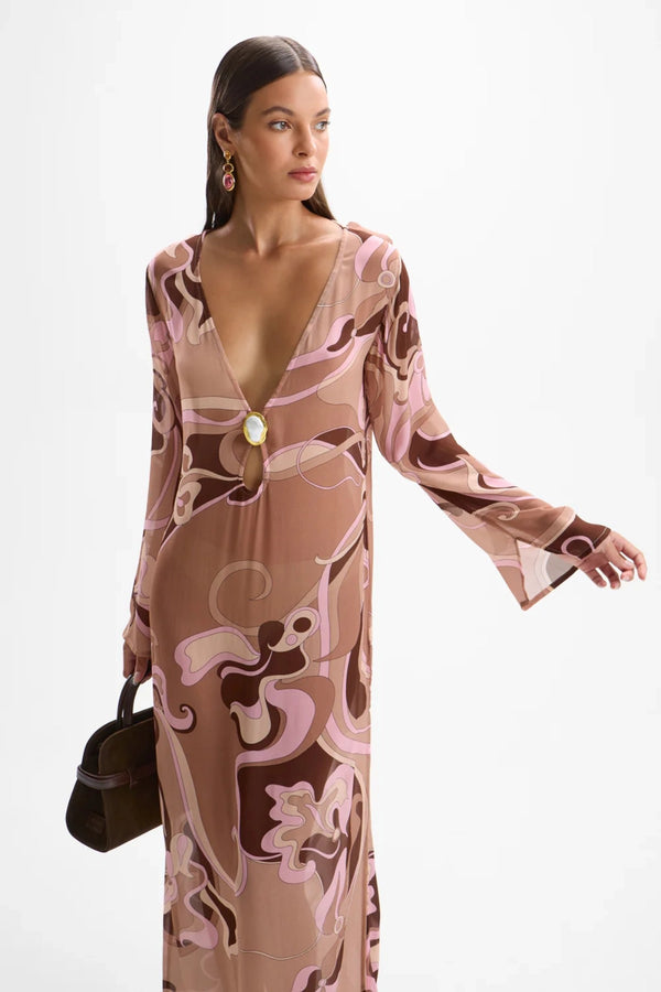 Hotline Moonstone Dress Deco Mocha by Cin Cin - semi sheer dress with keyhole bust and jewel detail, designed for elevated summer styling.