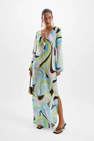 Hotline Moonstone Maxi Dress by Cin Cin, Mars Blue print with jewel bust and side split. A semi-sheer summer favourite with cult status.