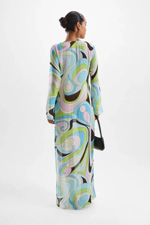 Hotline Moonstone Maxi Dress by Cin Cin, Mars Blue print with jewel bust and side split. A semi-sheer summer favourite with cult status.