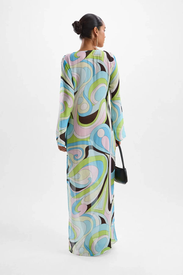 Hotline Moonstone Maxi Dress by Cin Cin, Mars Blue print with jewel bust and side split. A semi-sheer summer favourite with cult status.