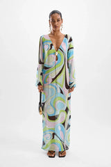 Hotline Moonstone Maxi Dress by Cin Cin, Mars Blue print with jewel bust and side split. A semi-sheer summer favourite with cult status.