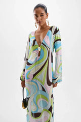 Hotline Moonstone Maxi Dress by Cin Cin, Mars Blue print with jewel bust and side split. A semi-sheer summer favourite with cult status.