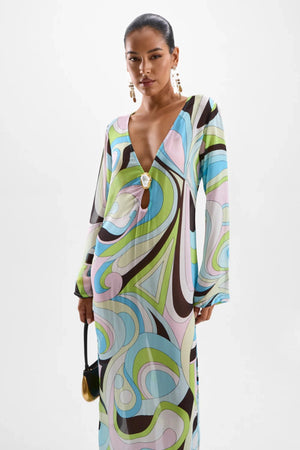 Hotline Moonstone Maxi Dress by Cin Cin, Mars Blue print with jewel bust and side split. A semi-sheer summer favourite with cult status.