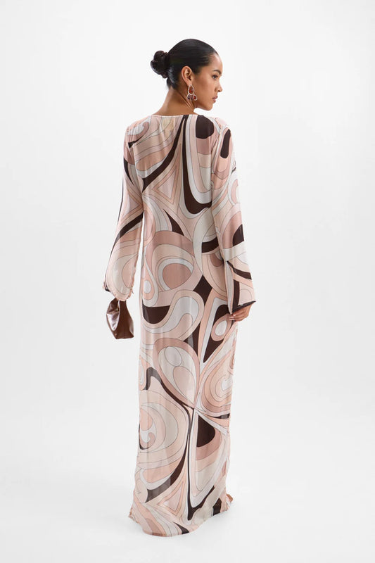 Hotline Moonstone Maxi Dress by Cin Cin, semi-sheer Mars Beige print with jewel detail and side split. Perfect for night-time allure.