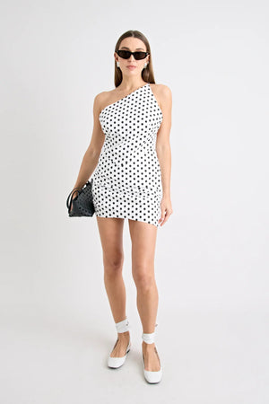 Hugo Mini Dress Polka Dot by Pfeiffer, featuring a one-shoulder neckline and open back. Flattering and sculpted for standout summer style.
