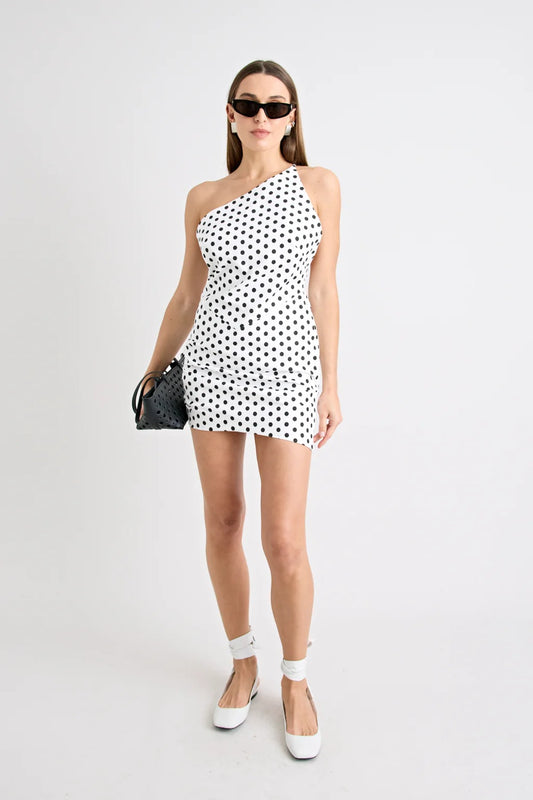 Hugo Mini Dress Polka Dot by Pfeiffer, featuring a one-shoulder neckline and open back. Flattering and sculpted for standout summer style.